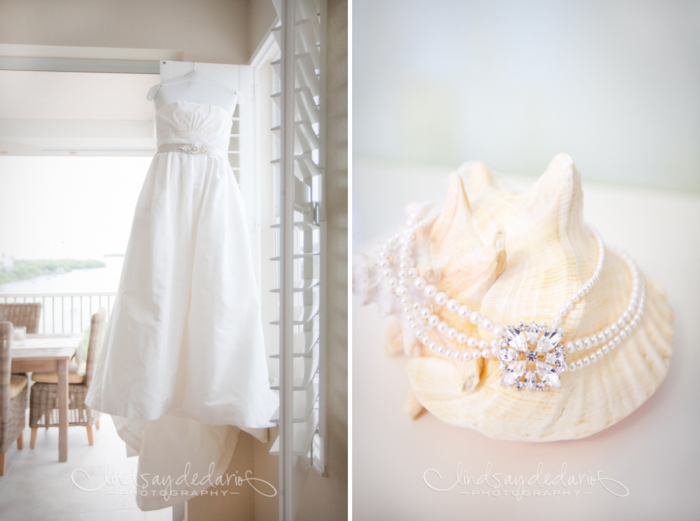 wedding dress and jewelry displayed before destination wedding on Gasparilla Island Boca Grande, FL