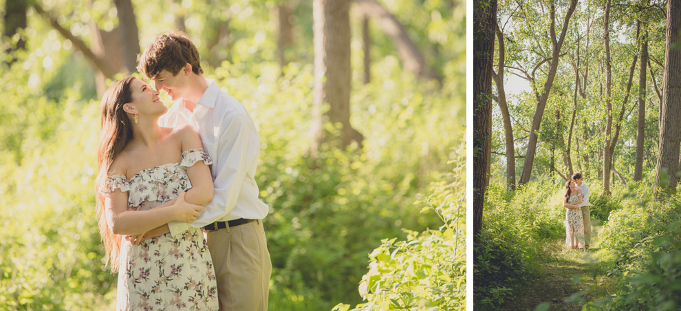 couple embracing among tall trees in forrest at Tifft Nature Preserve in Buffalo, NY