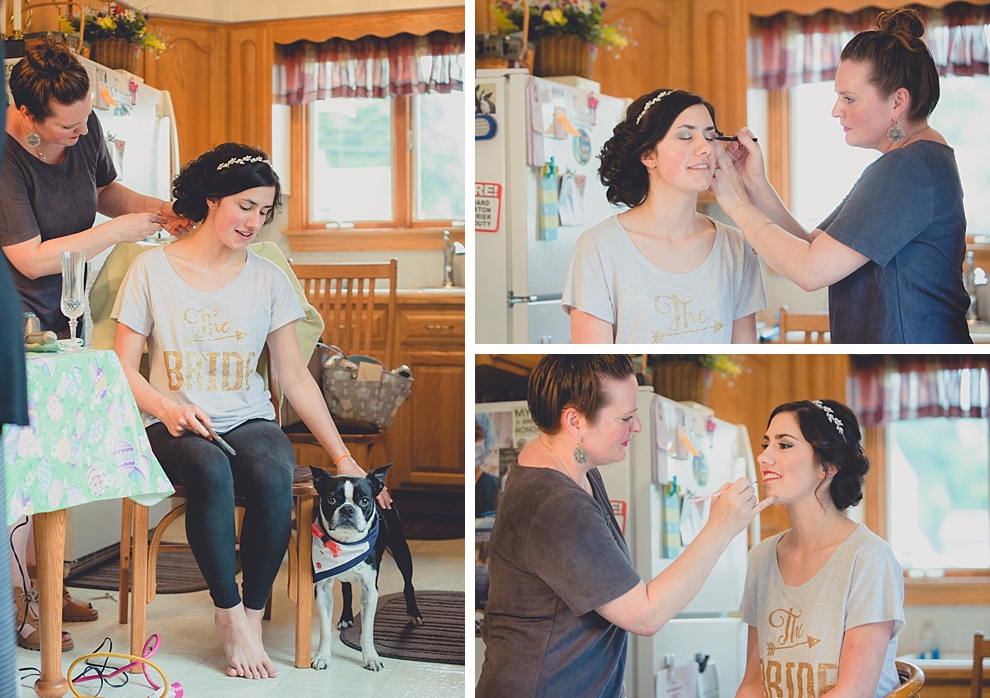 photography of bride getting hair and makeup done by Lizzy Dugan of Salon Elizabeth before garden wedding ceremony at Samuel