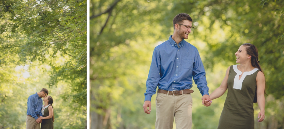 wedding engagement photography of bride and groom laughing and walking down tree lined street at Knox Farm State Park near Buffalo, NY