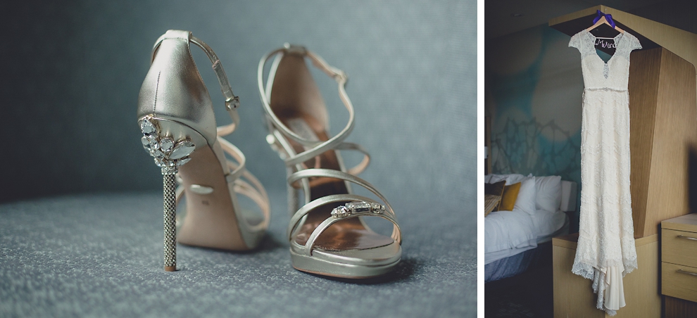 wedding dress and shoes sitting out before wedding at Marriott Hotel in Buffalo, NY