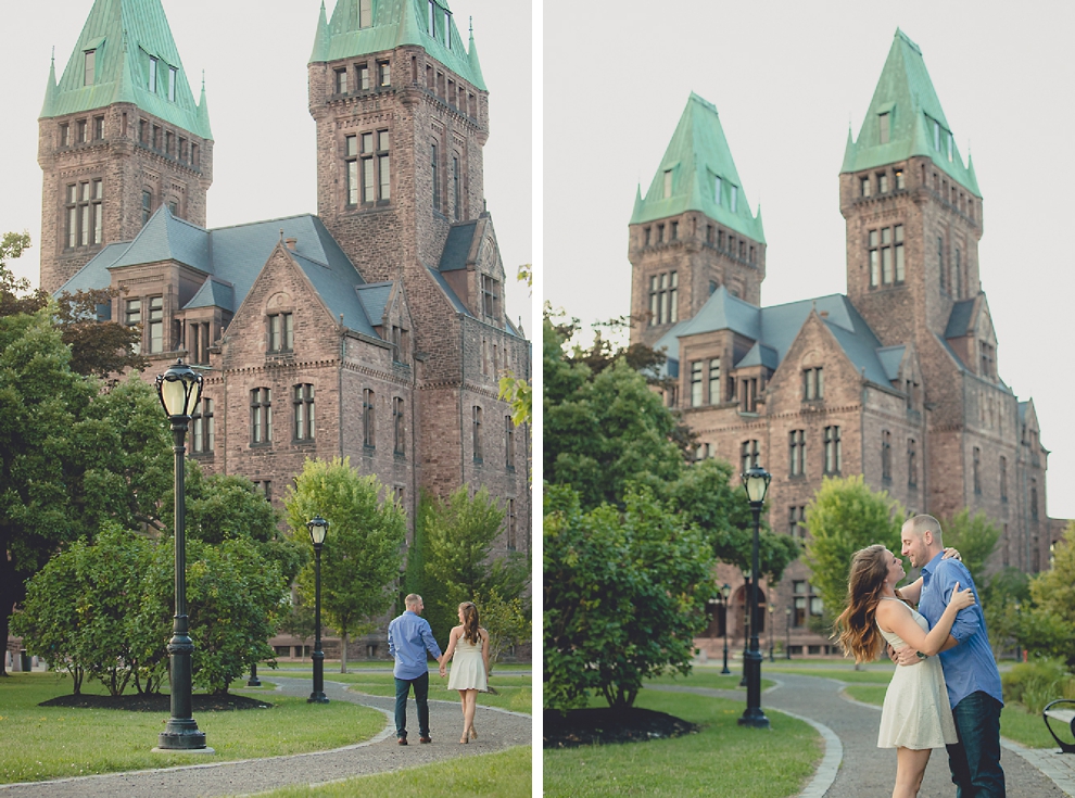 engaged couple embraces for wedding engagement photography at hotel henry & delaware park