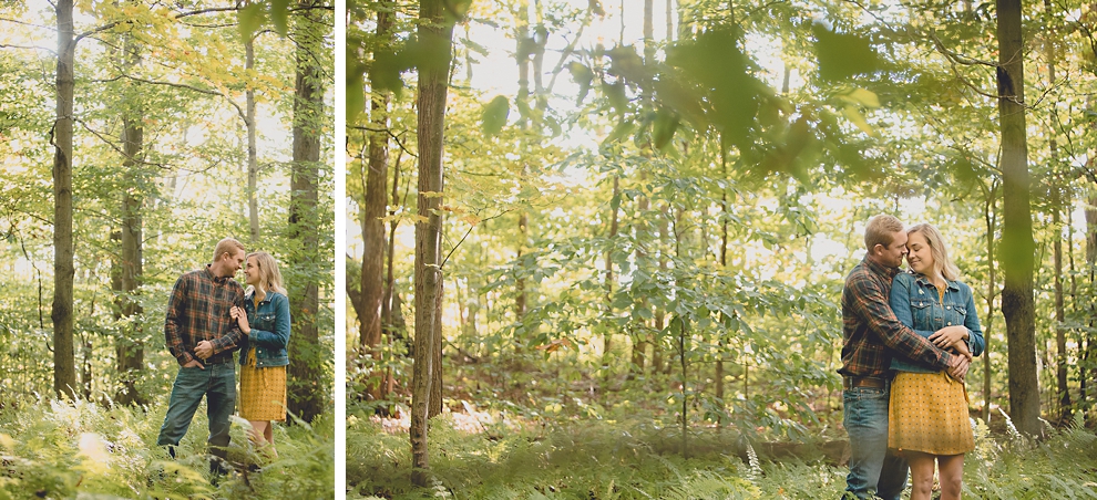 bride and groom pose for wedding engagement photos among fall foliage at their property in Ellicottville, NY