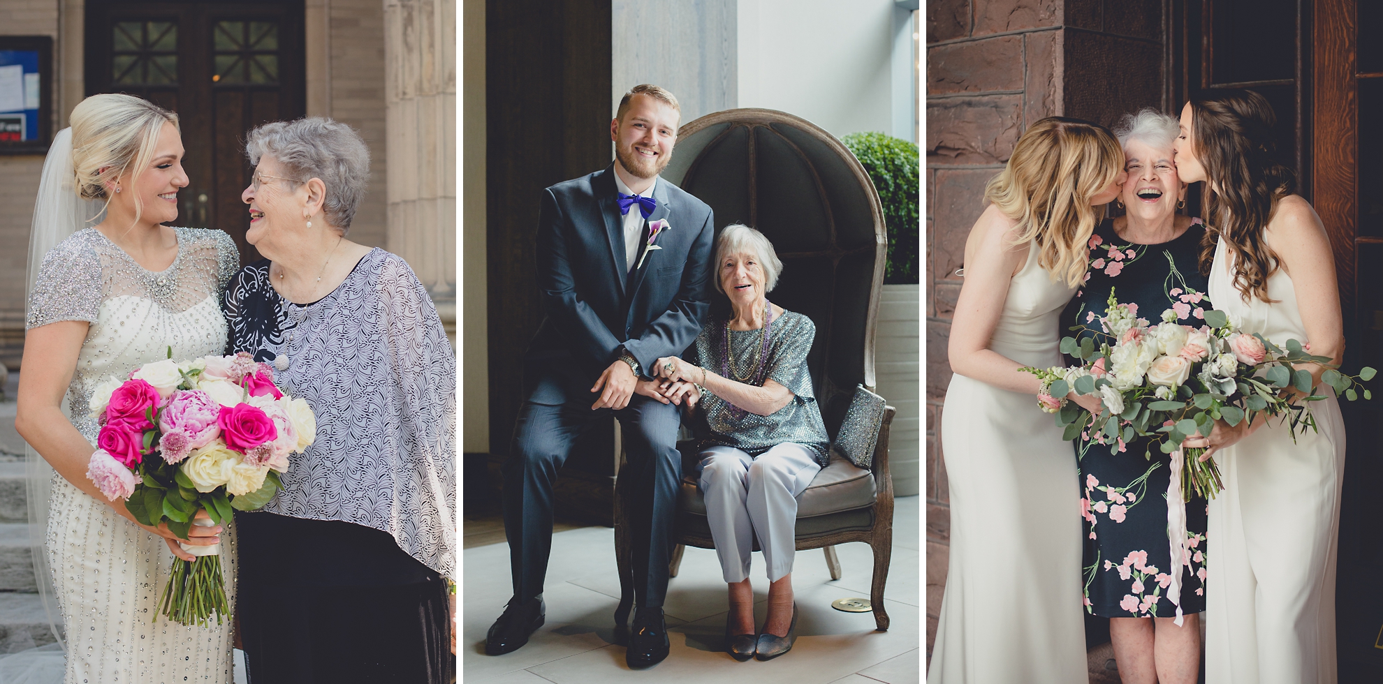 Brides and groom pose with grandmas for portraits at weddings in Buffalo, NY