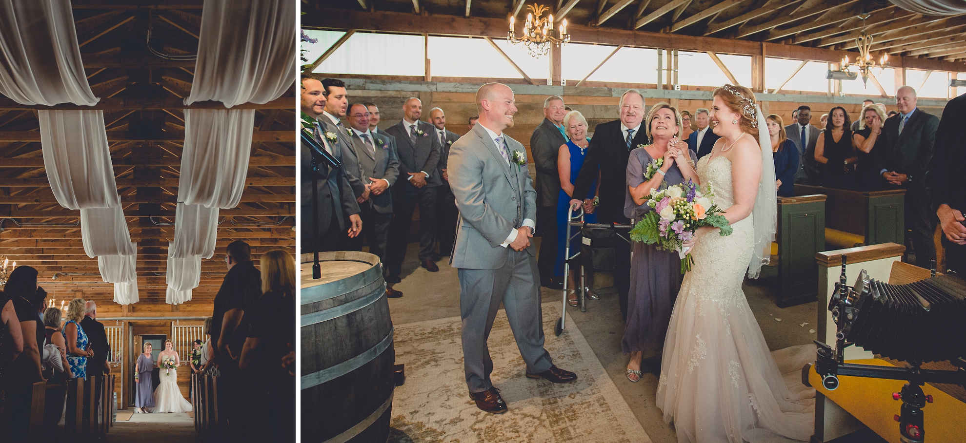 mother escorts bride up aisle during wedding ceremony at Hayloft in the Grove in Buffalo, NY