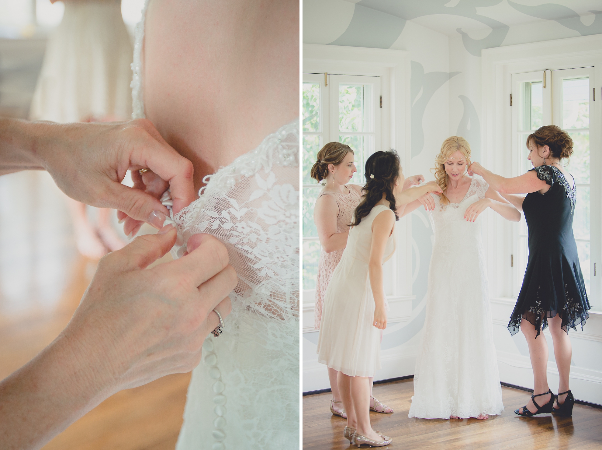 mother of bride and bridesmaids help bride get ready in secret room at small wedding at Knox Farm near Buffalo, NY