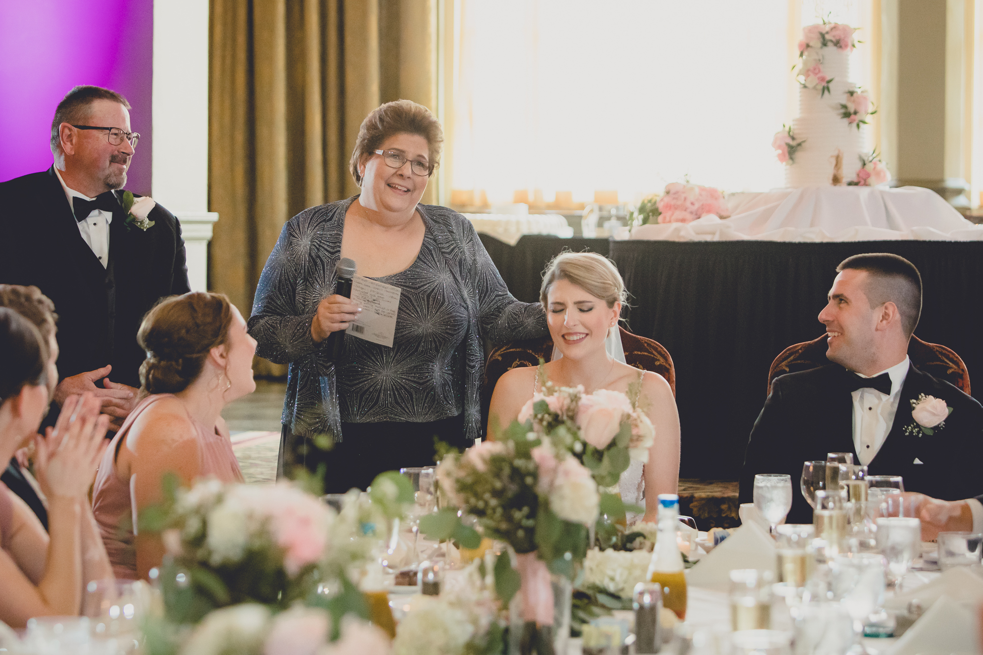 mother of bride delivers speech at wedding reception at Statler City in Buffalo, NY