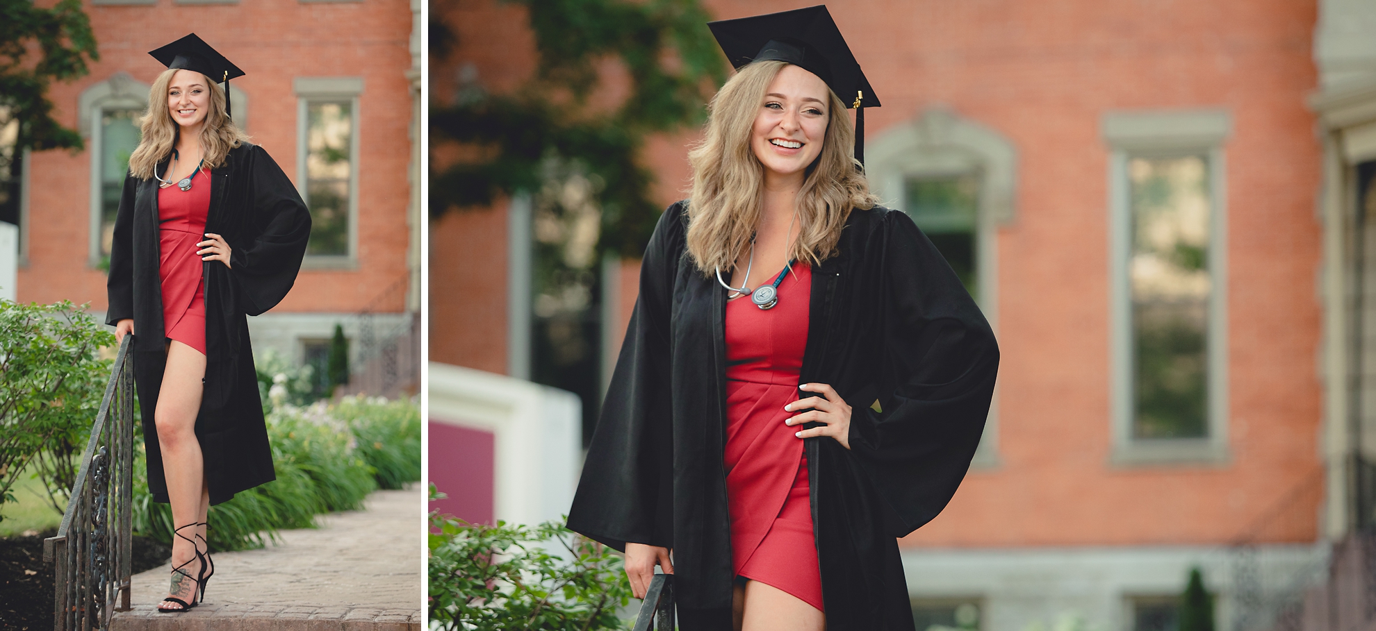 D'youville nursing student smiles for photographer in cap and gown during senior graduation portrait photography session in Buffalo, NY
