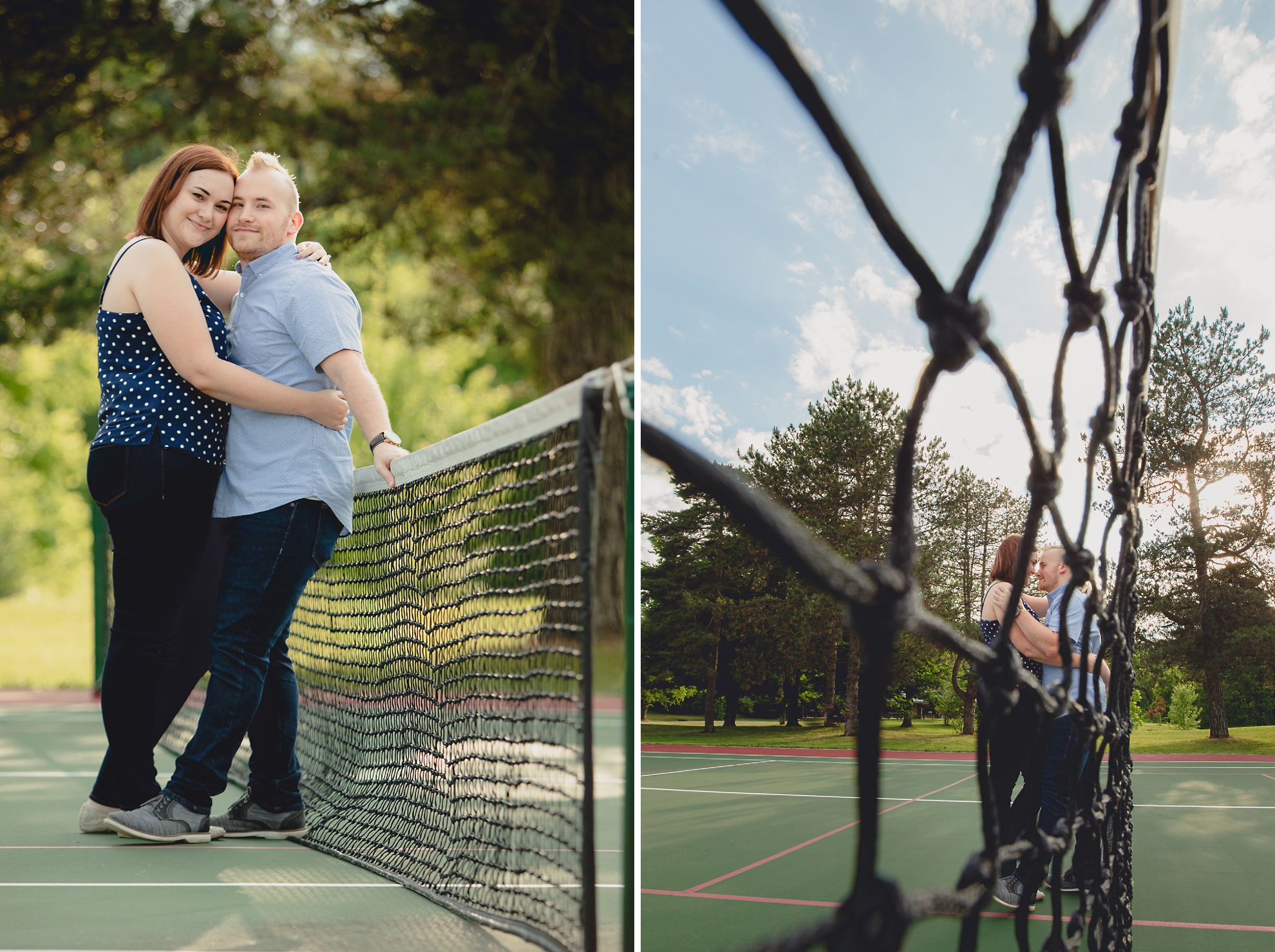 engaged couple poses for photographer while leaning against a tennis net at Akron Falls Park near Buffalo, NY