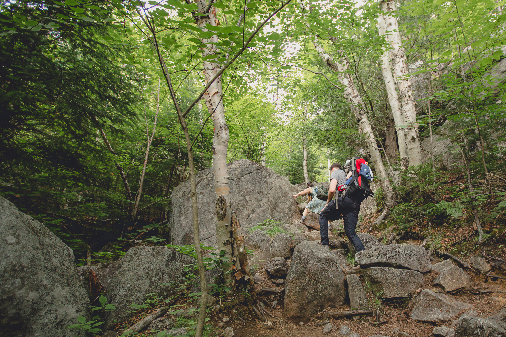 family climbs up rocks on Mount Jo trail during their photojournalistic family photography session in the Adirondack High Peaks Region of NY