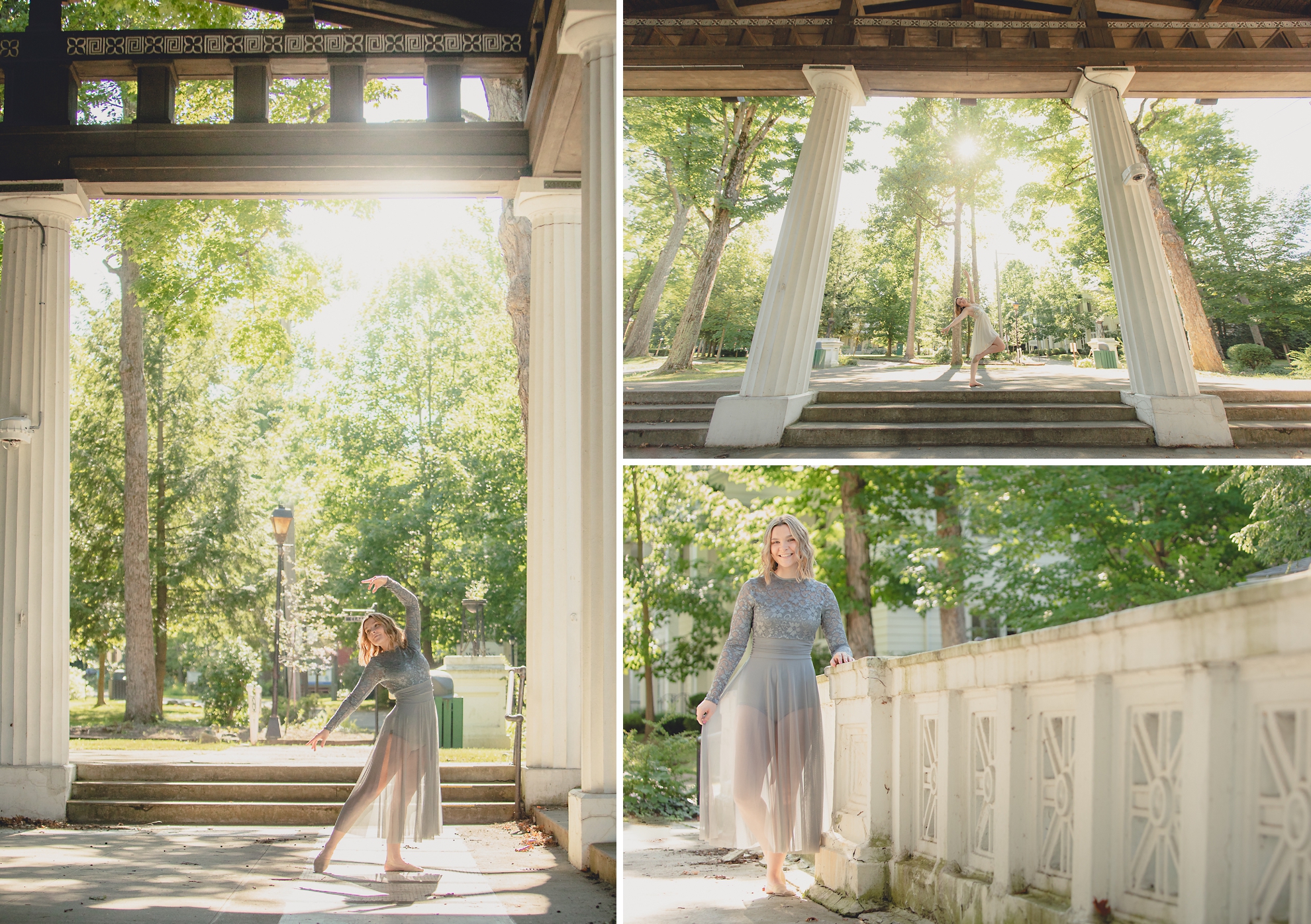 maple grove high school student dances in Hall of Philosophy during senior portrait photography session at Chautauqua Institution