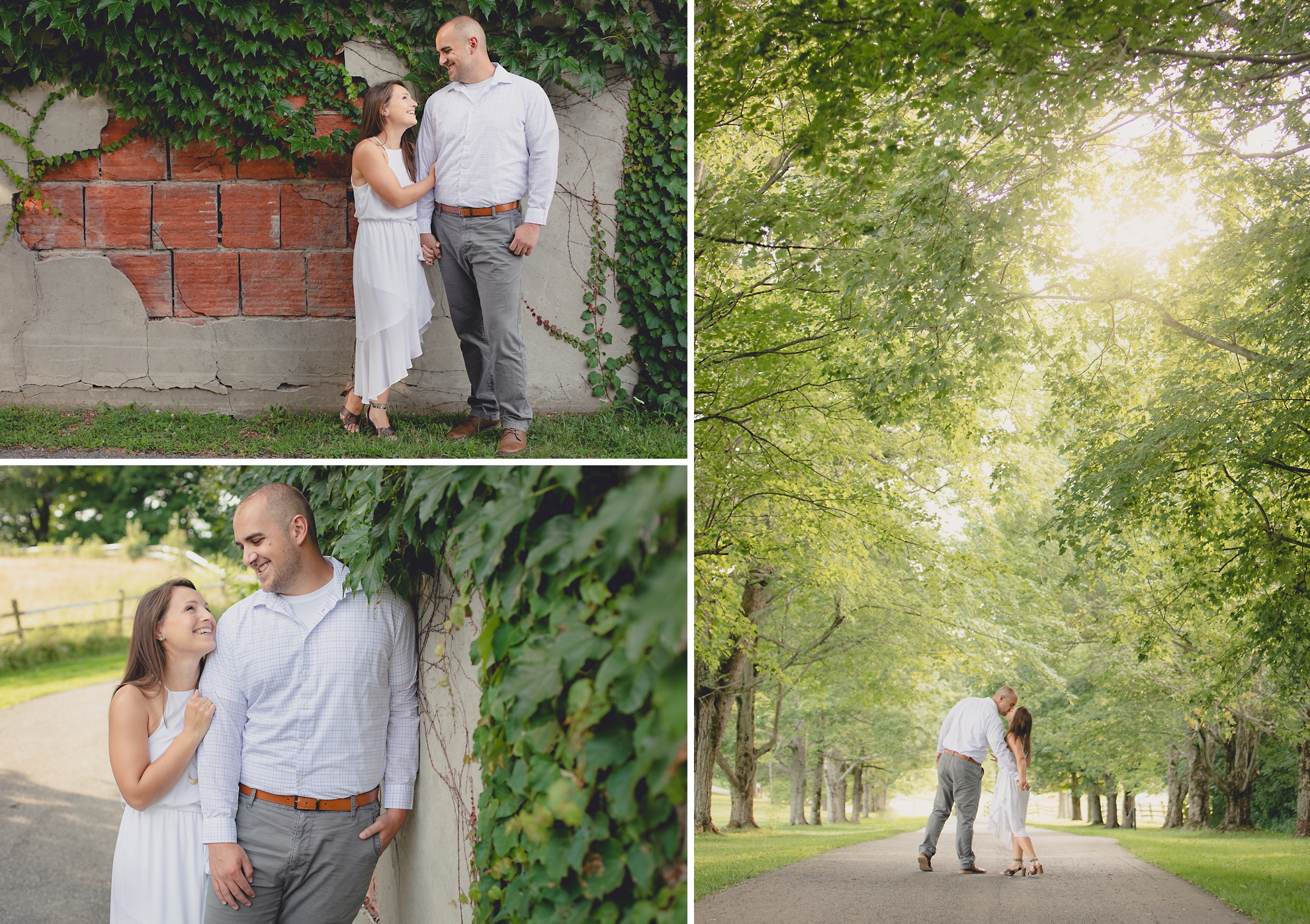 bride and groom stop to kiss while walking down tree lined road during wedding photography engagement portrait session at Knox Farm near Buffalo, NY