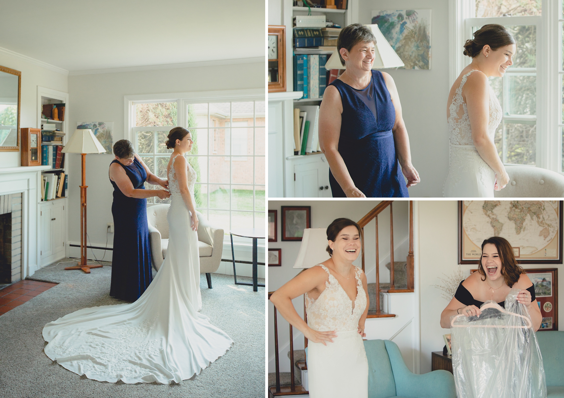 mom helps bride with wedding dress before micro wedding in WNY