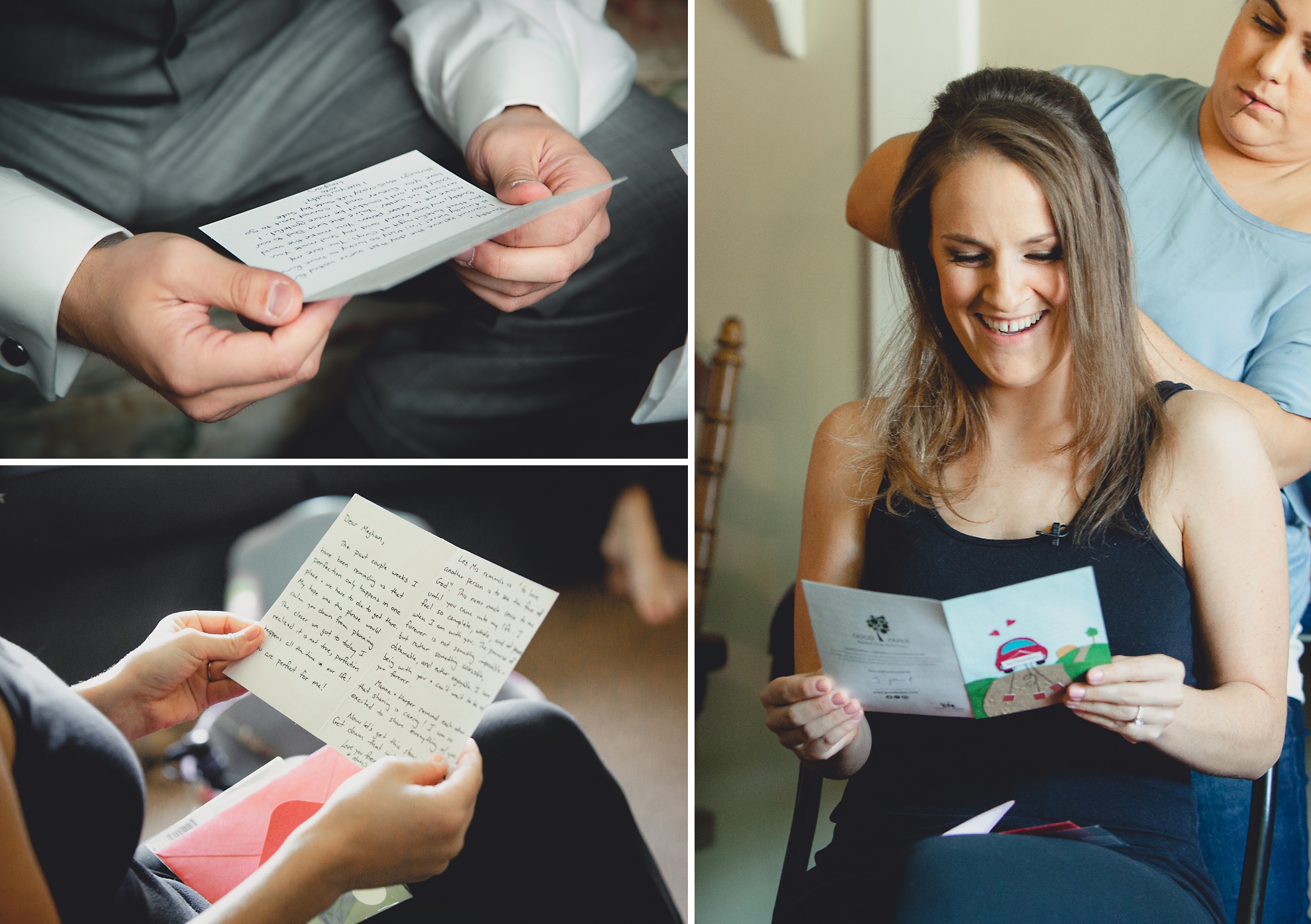 bride and groom read cards from one another before wedding ceremony in Buffalo, NY