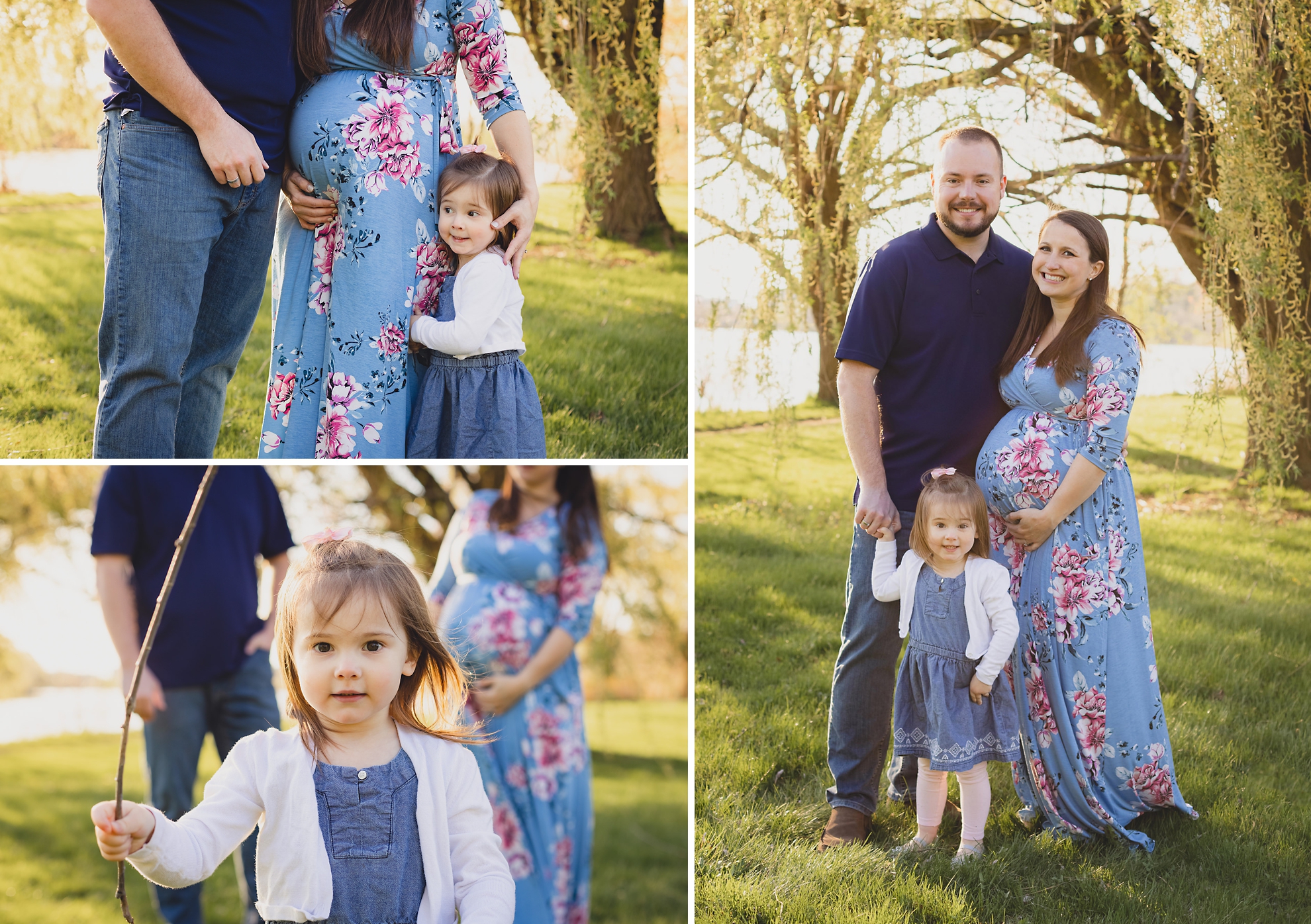 family poses for photographer during maternity portrait photography session with cherry blossoms in Delaware Park in Buffalo, NY