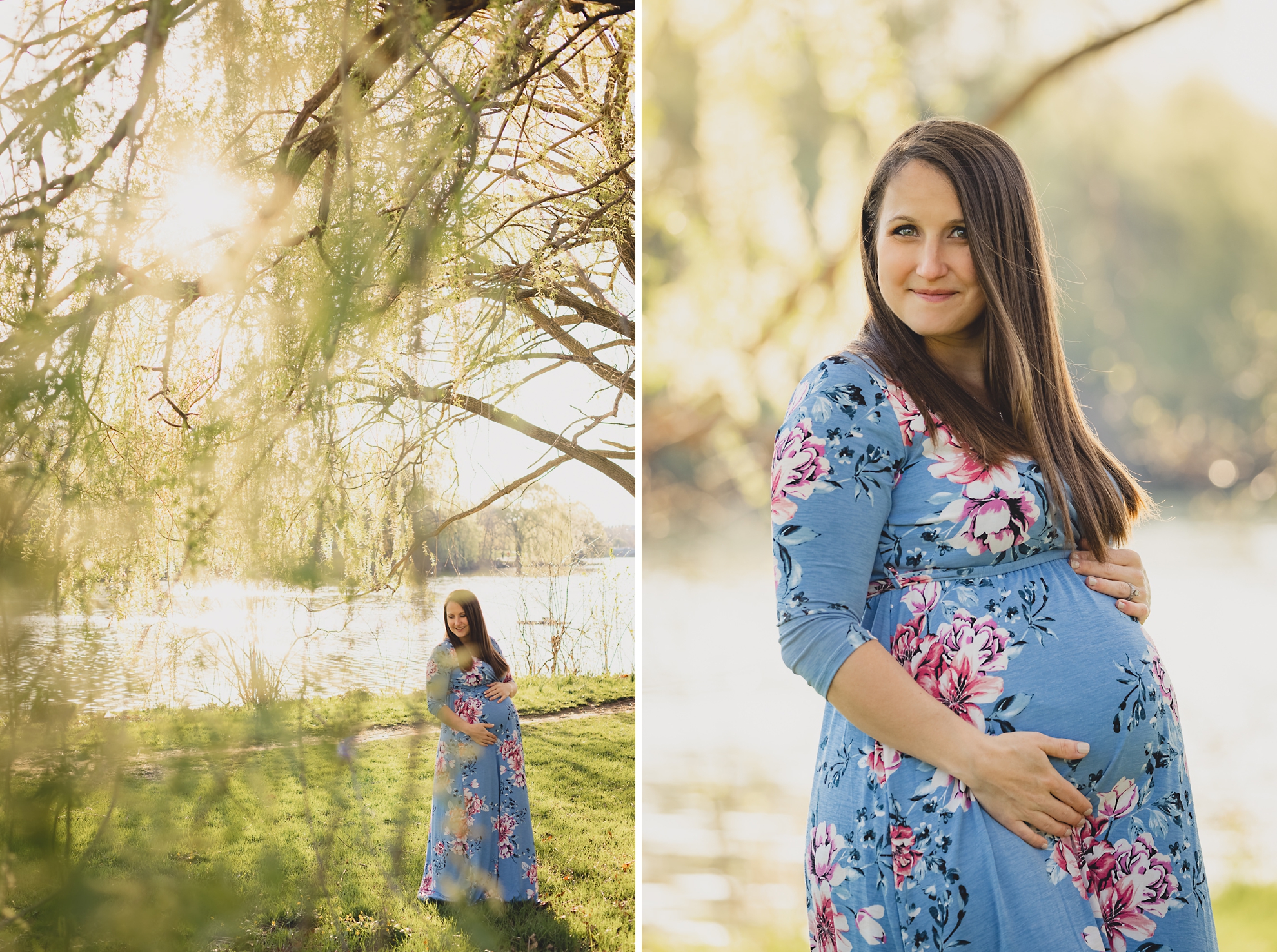 pregnant woman poses for photographer during maternity portrait photography session with cherry blossoms in Delaware Park in Buffalo, NY