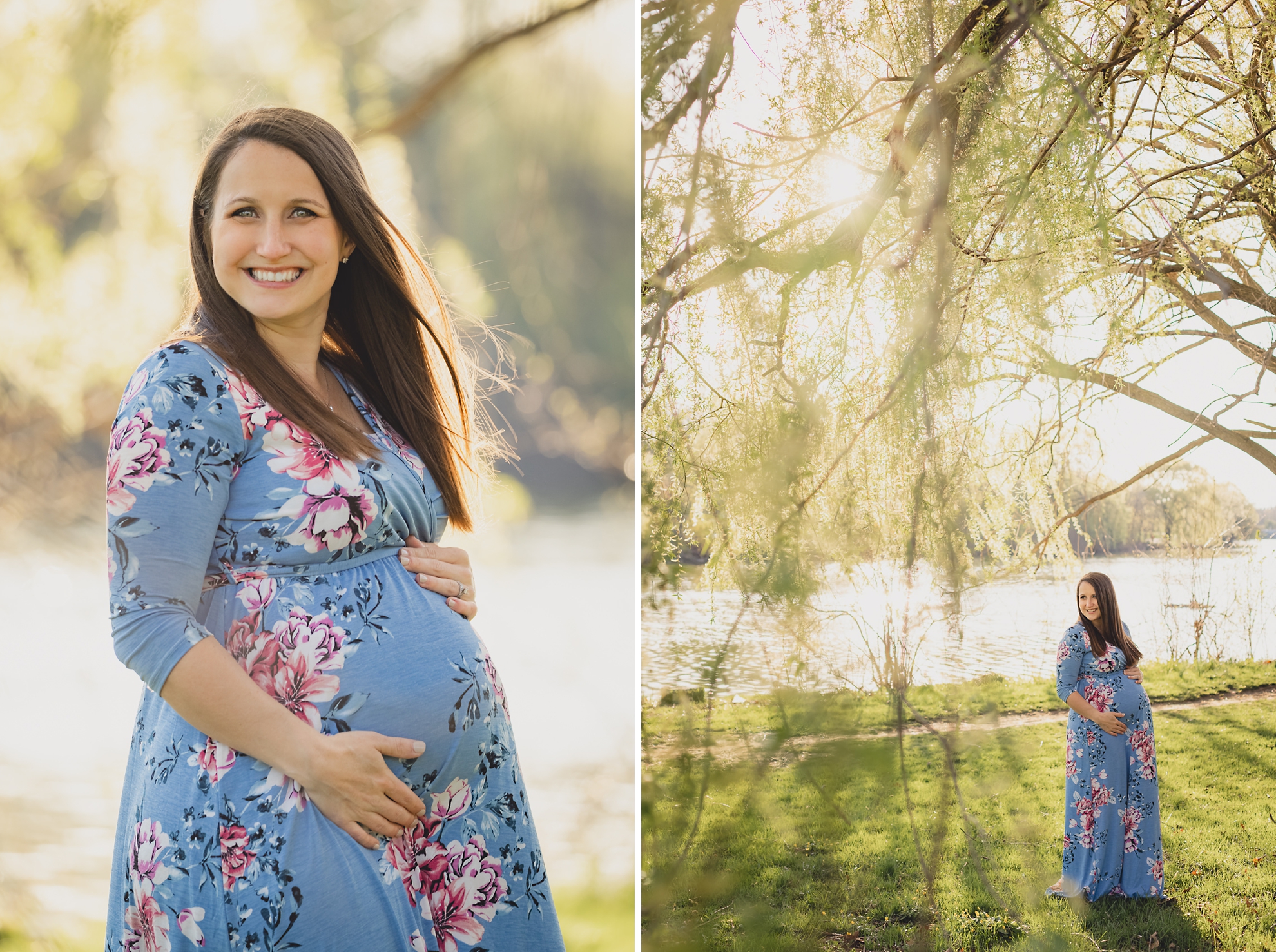 pregnant woman poses for photographer during maternity portrait photography session with cherry blossoms in Delaware Park in Buffalo, NY