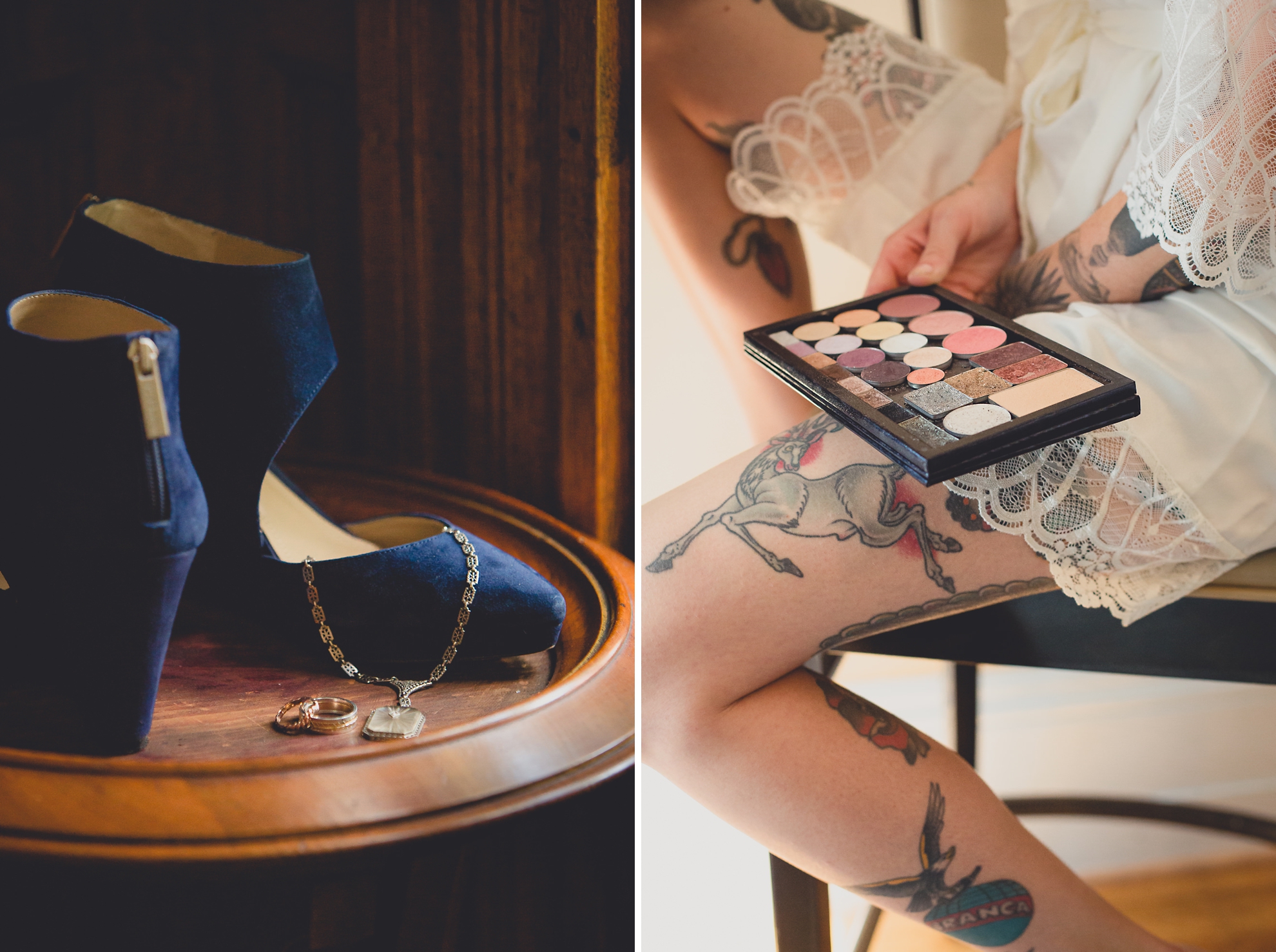 brides tattooed leg and bridal robe at Strathallan Hotel in Rochester, NY before wedding