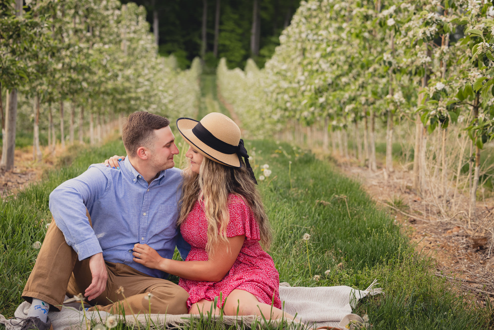 couple sit on blanket between trees during wedding engagement proposal photography in orchard in Niagara County