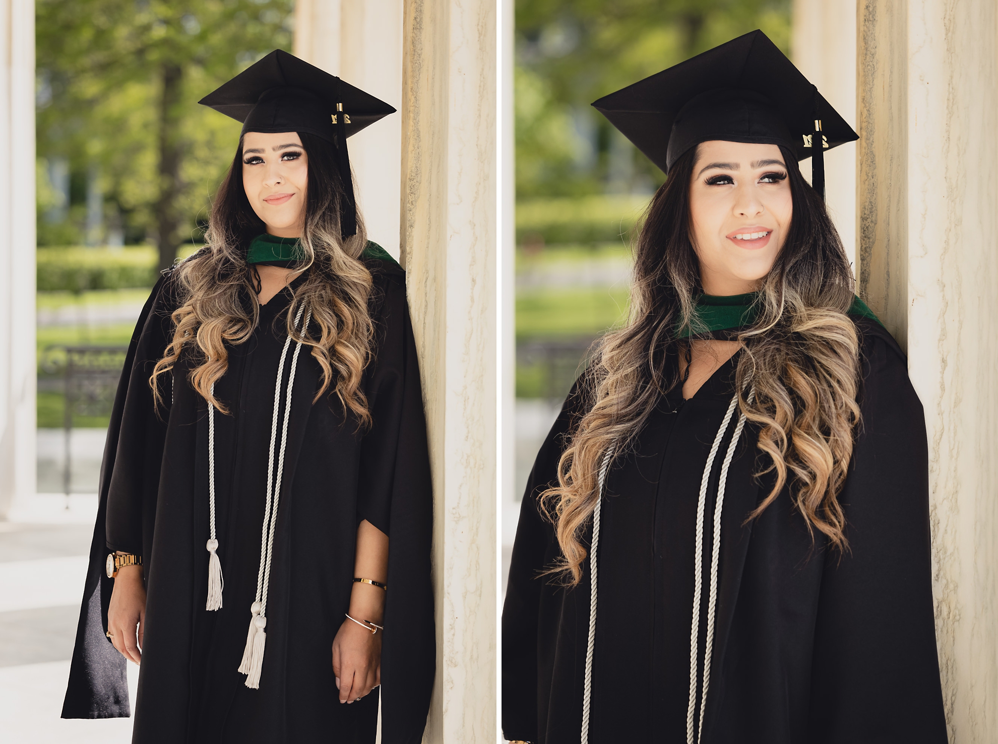 graduate smiles for photographer during senior graduation portrait photography at the History Museum in Buffalo, NY