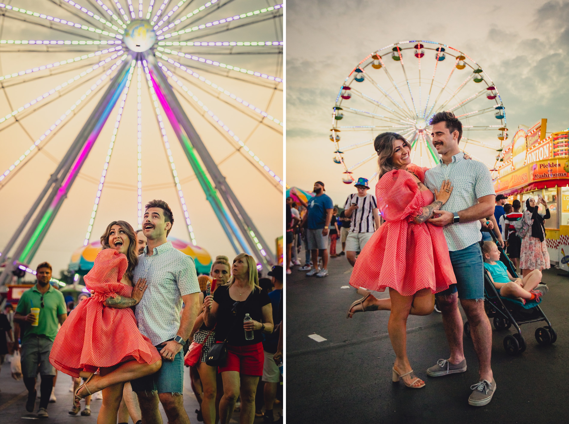 bride and groom laugh in front of ferris wheel during their wedding engagement photography session at the Erie County Fair