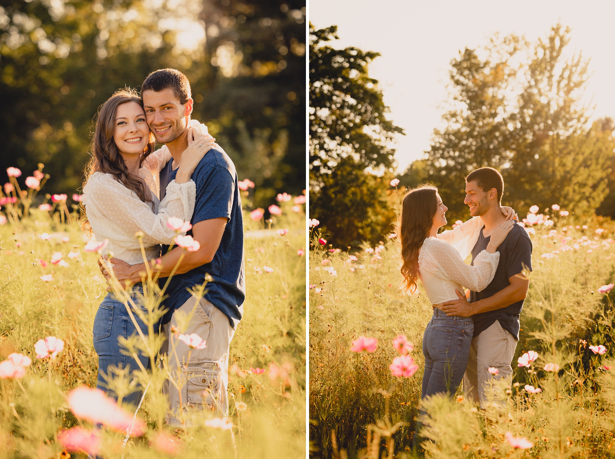 engaged couple poses in flower field during engagement photography session at best location near Buffalo, NY