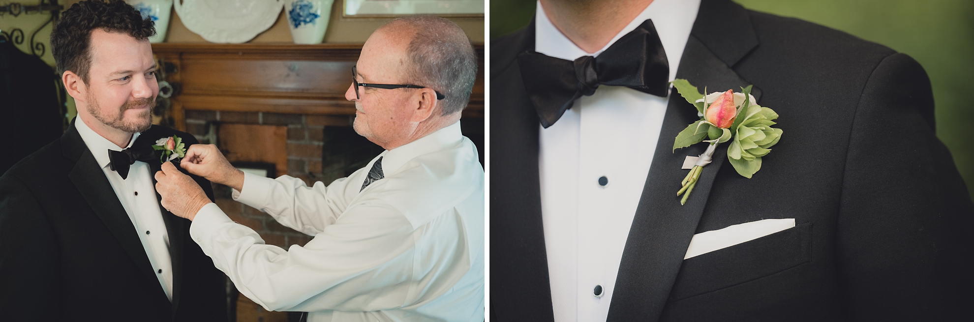 father of groom helps with boutonniere at Barton Hill House in Lewiston, NY before wedding