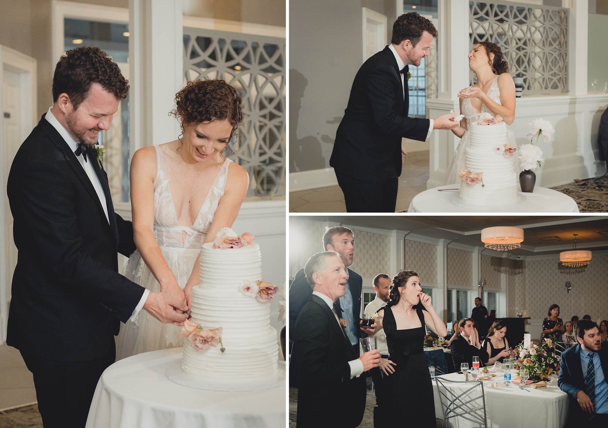 bride and groom cut cake during wedding reception at the Niagara Falls Country Club