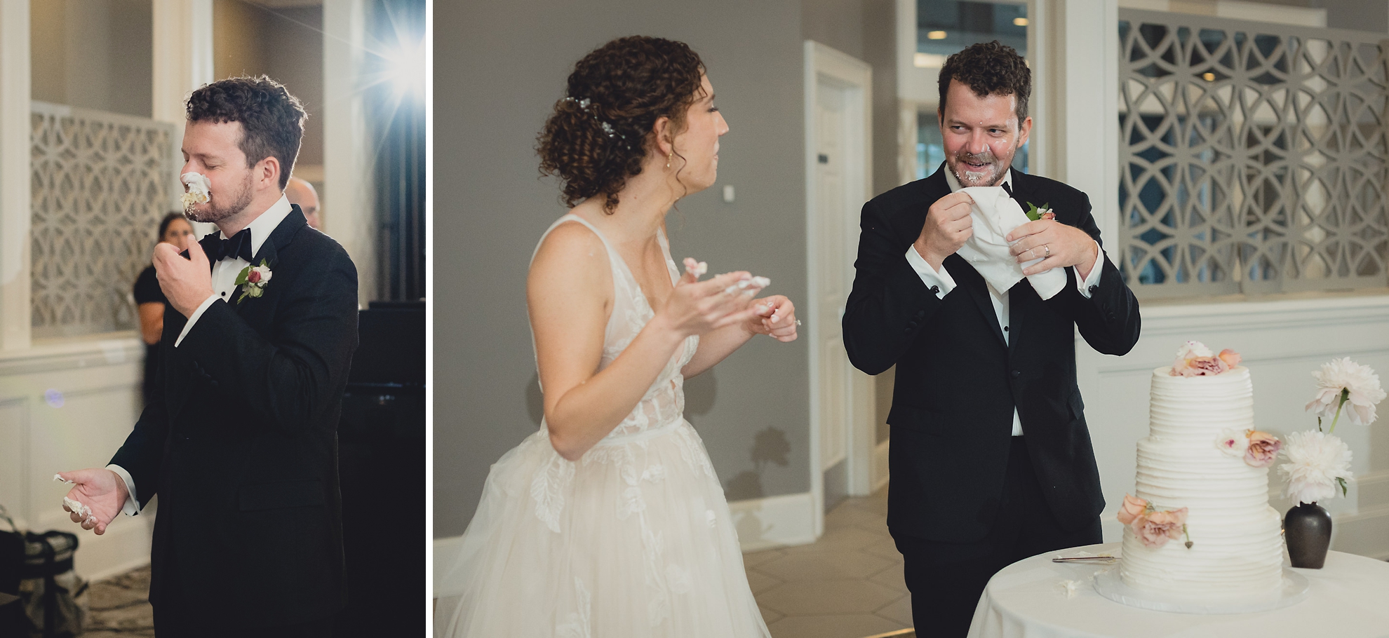 bride and groom feed each other cake during wedding reception at the Niagara Falls Country Club