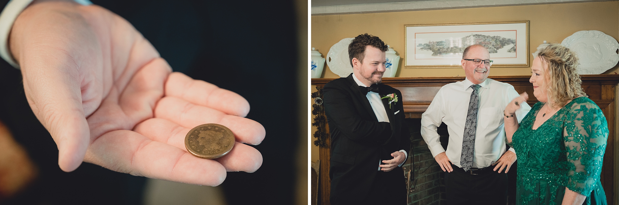 a lucky penny and mother of groom crying at Barton Hill House in Lewiston, NY before wedding