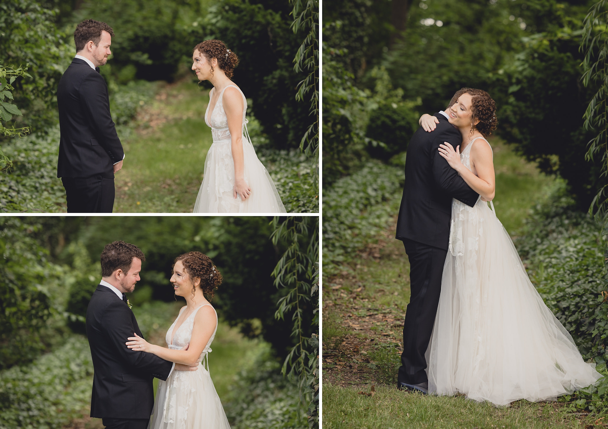 groom sees bride for first time during reveal at Barton Hill House in Lewiston, NY before wedding