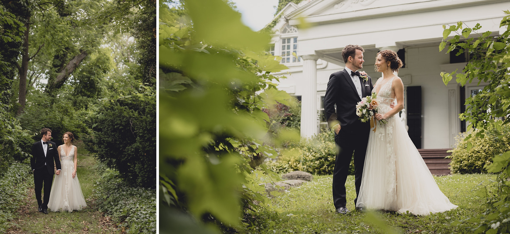bride and groom walk through garden at Barton Hill House in Lewiston, NY before wedding