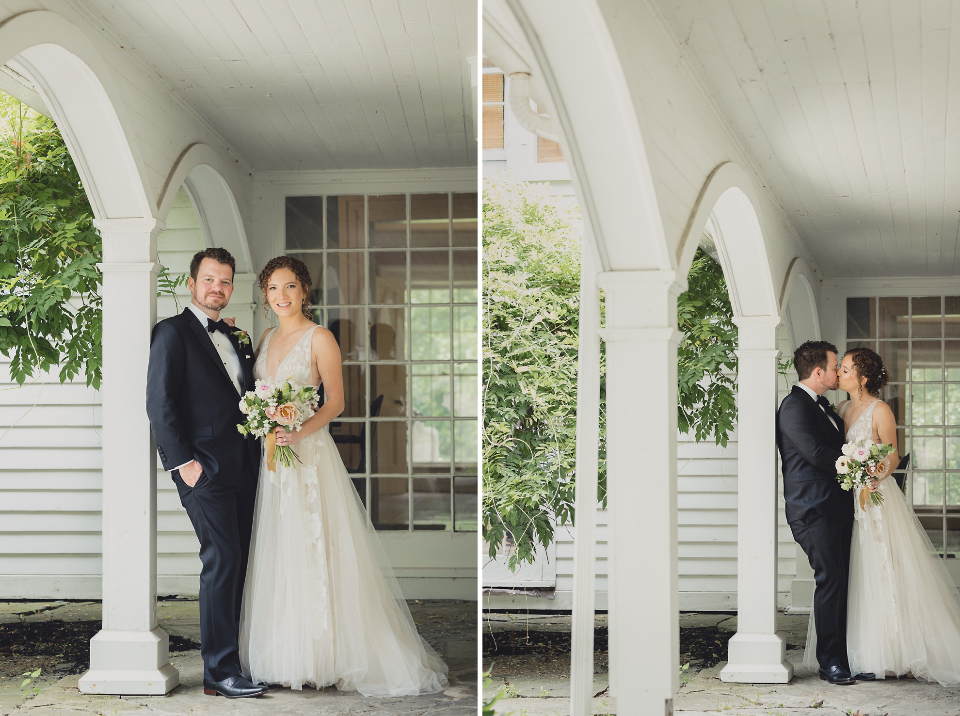 bride and groom pose for portraits at Barton Hill House in Lewiston, NY before wedding