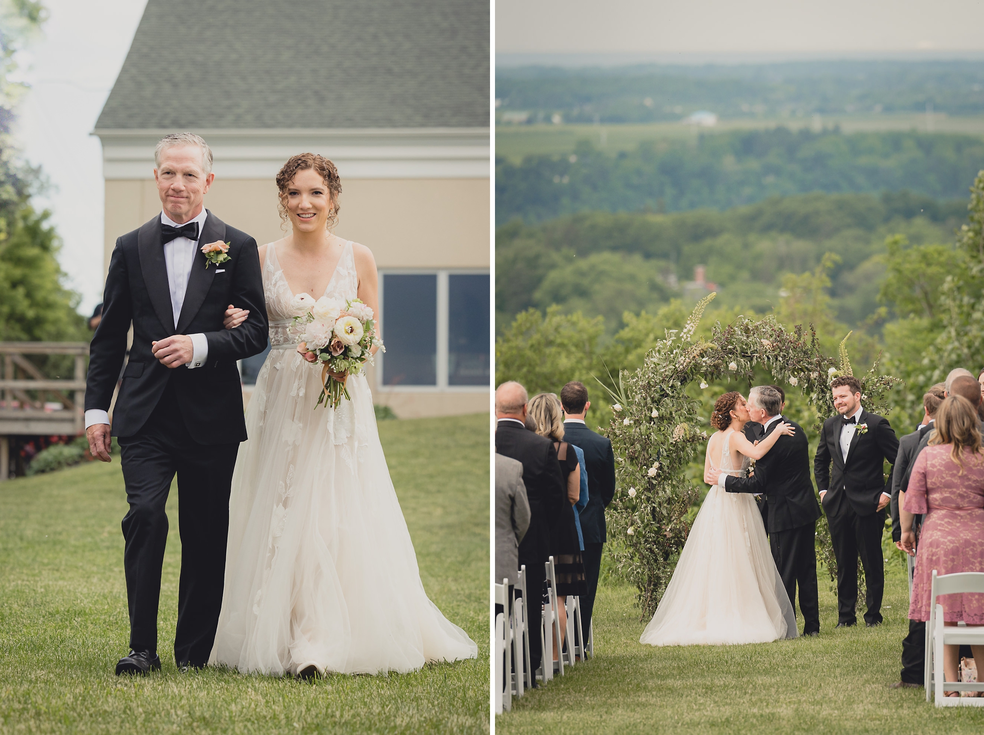 father and bride walk down aisle during wedding ceremony at the Niagara Falls Country Club