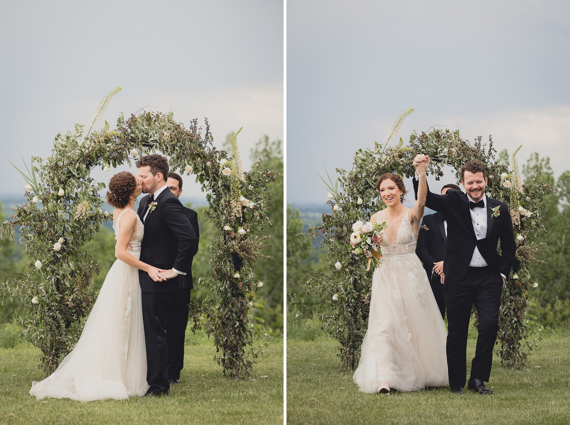 bride and groom kiss and celebrate during wedding ceremony at the Niagara Falls Country Club