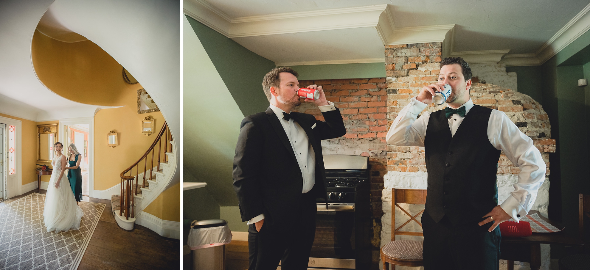 maid of honor helps bride get dressed and groom shares drink with groomsman at Barton Hill House in Lewiston, NY before wedding