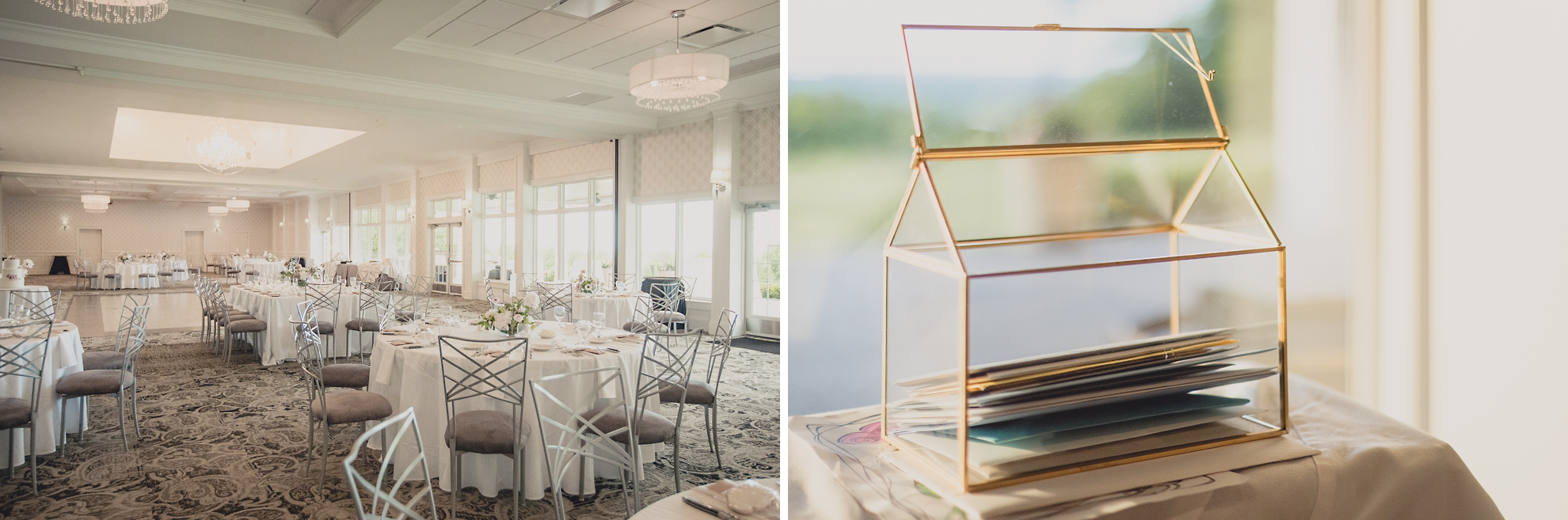 modern ballroom and card box during wedding reception at the Niagara Falls Country Club