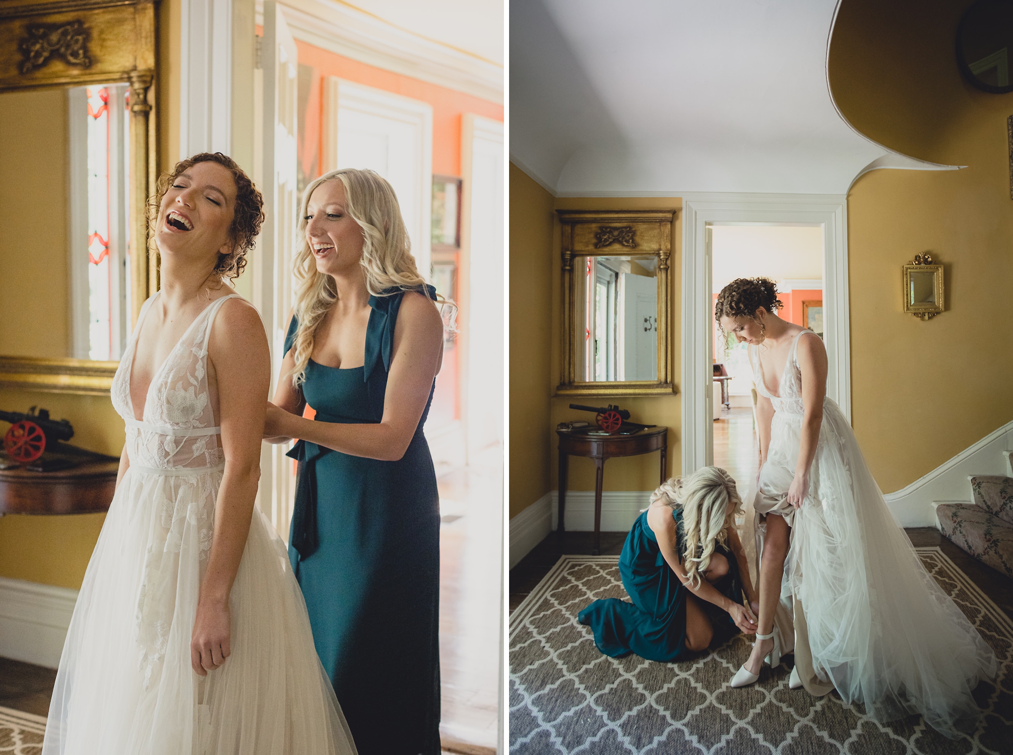 maid of honor helps bride get dressed at Barton Hill House in Lewiston, NY before wedding