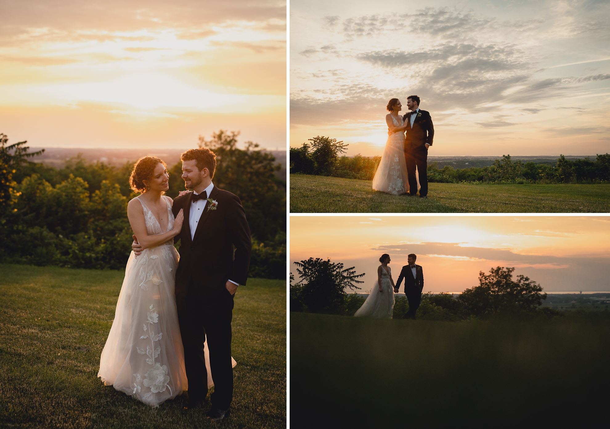 bride and groom walk through lawn at sunset during wedding reception at the Niagara Falls Country Club