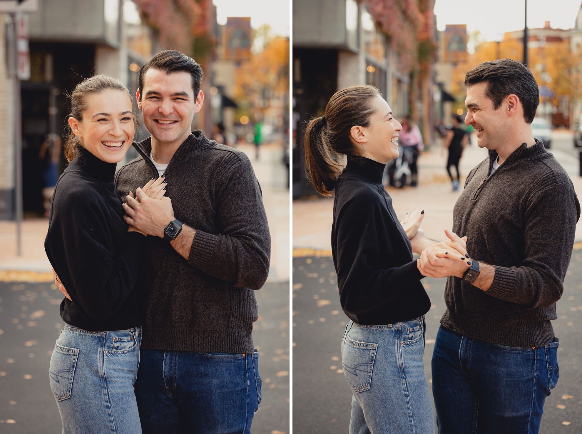 couple laughs in street in Allentown section of Buffalo, NY during their wedding engagement photos
