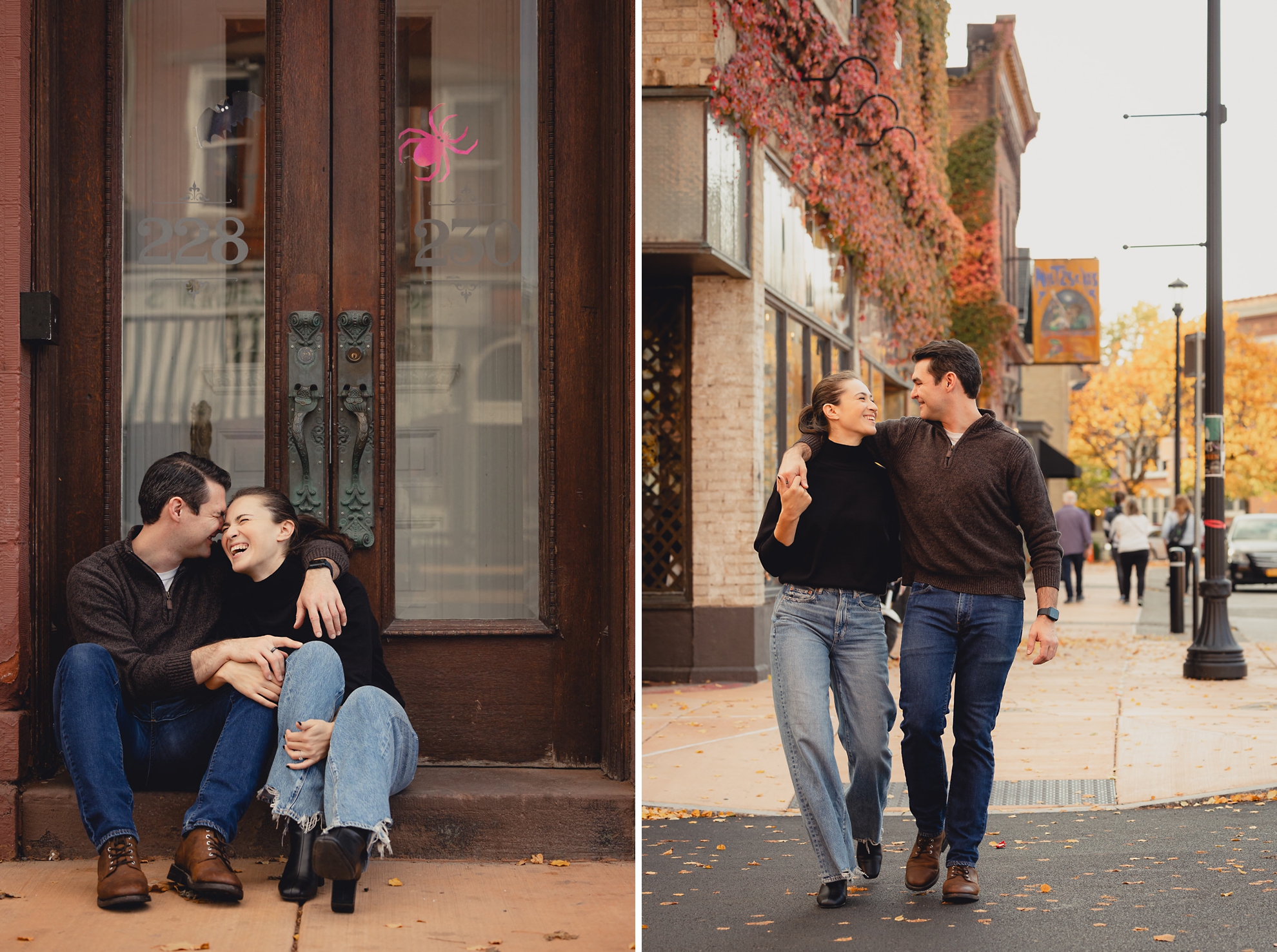couple laughs in doorway in street in Allentown section of Buffalo, NY during their wedding engagement photos