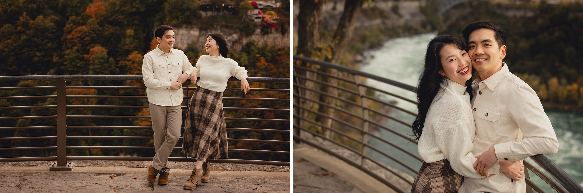 couple leans on railing while laughing with Niagara River in background during wedding engagement photography session in Niagara Falls, NY