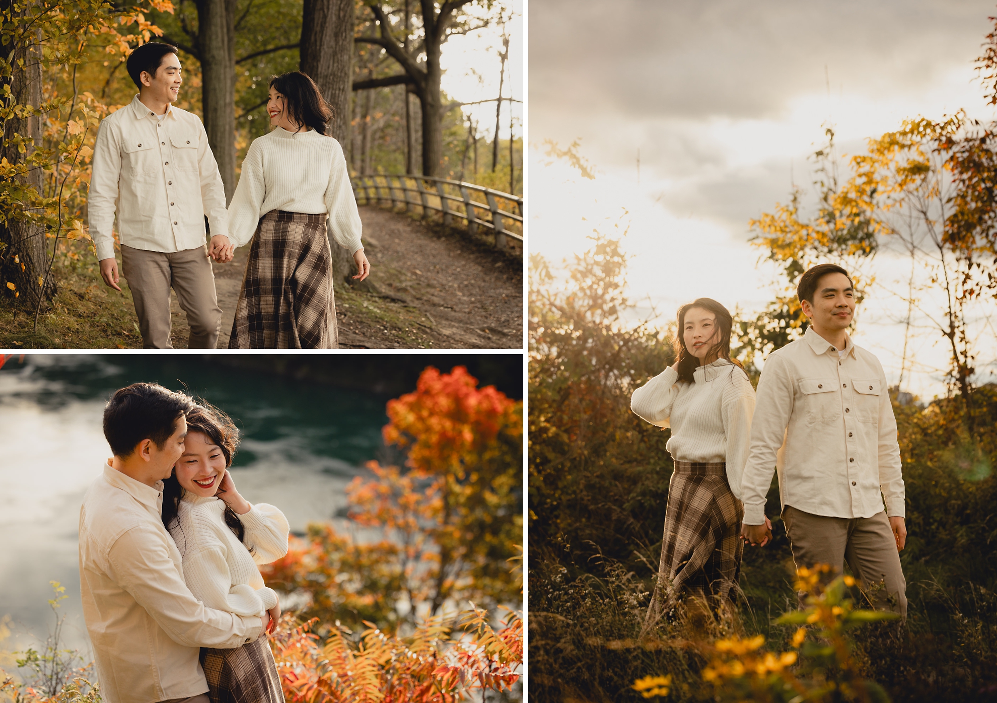 couple poses for portraits with fall foliage in background during wedding engagement photography session in Niagara Falls, NY