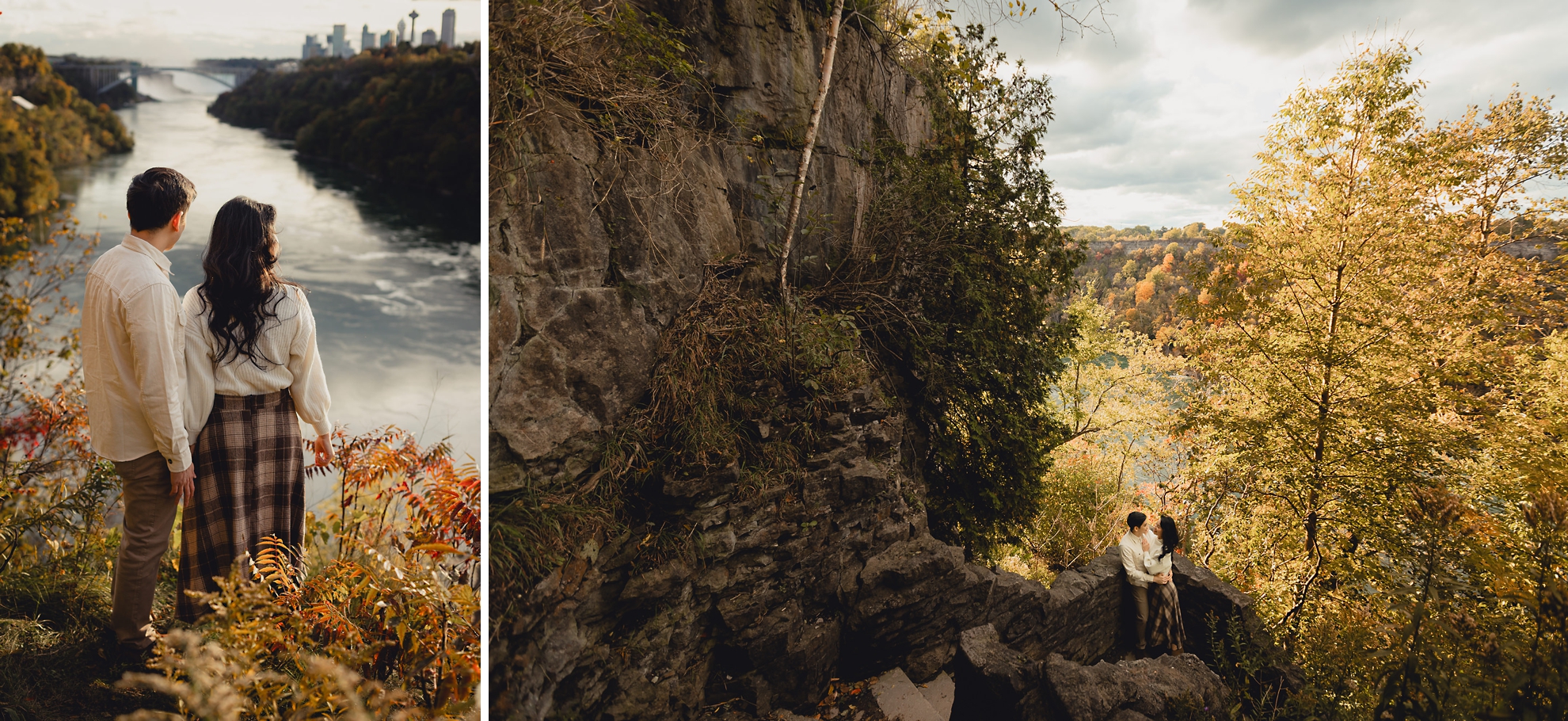 couple stands together in Niagara Gorge with Niagara Falls in background during their wedding engagement portrait session