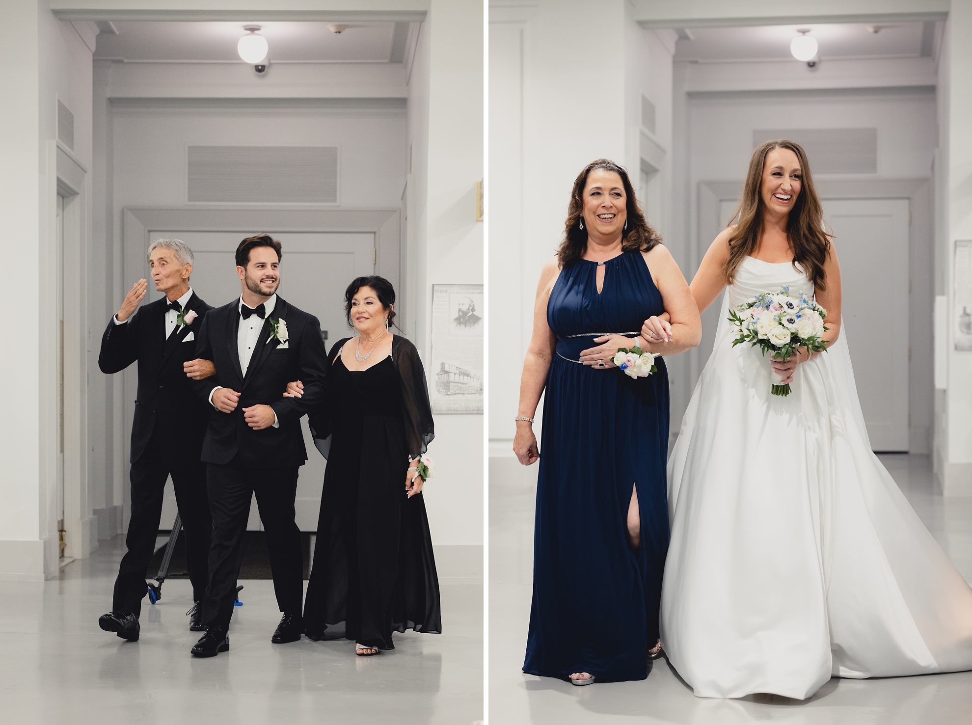 parents walk bride and groom down aisle during wedding ceremony in the Portico Gallery of the Buffalo History Museum