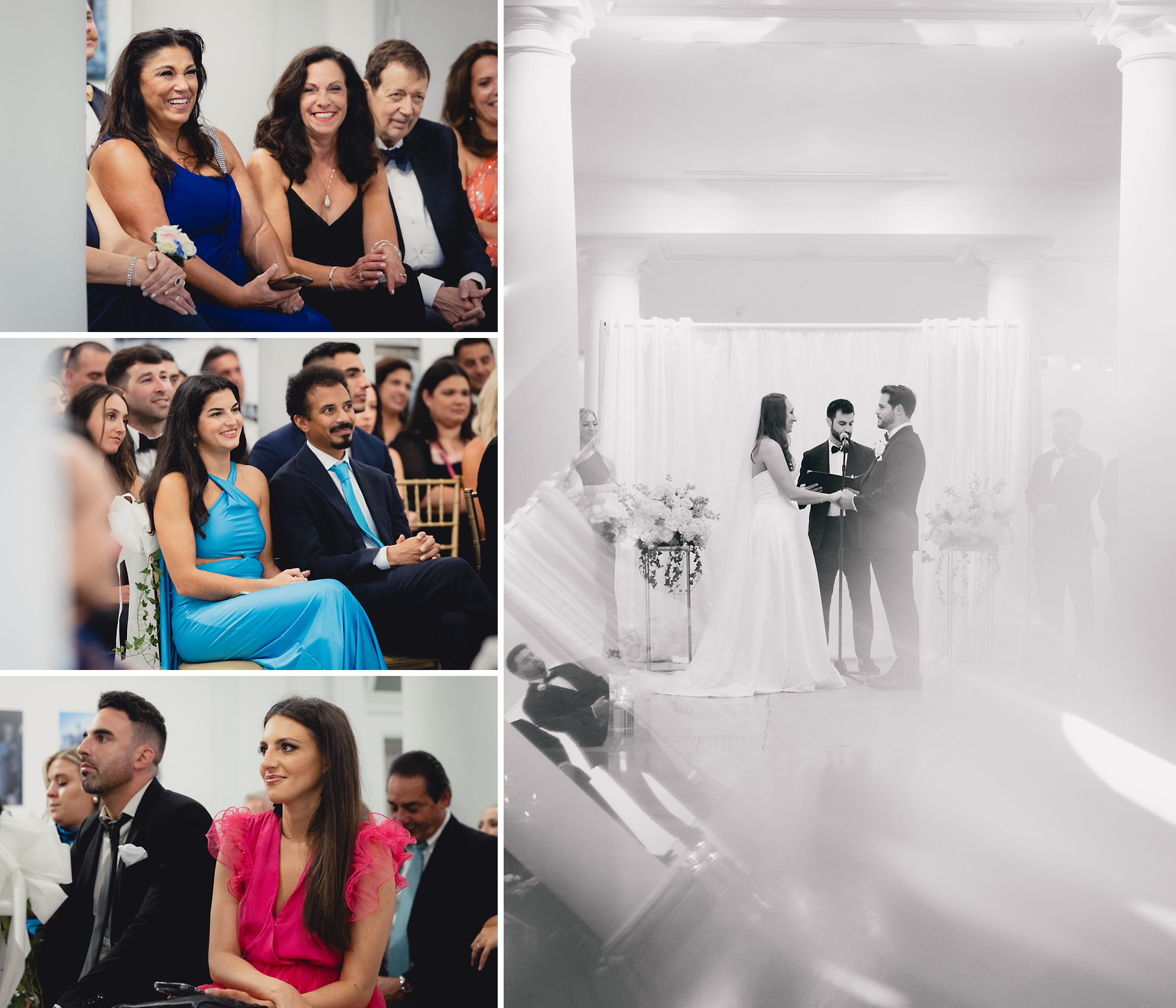 guests smile at couple during wedding ceremony in the Portico Gallery of the Buffalo History Museum