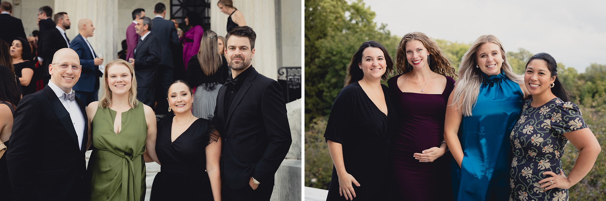 guests pose for pictures on portico during wedding reception at the Buffalo History Museum