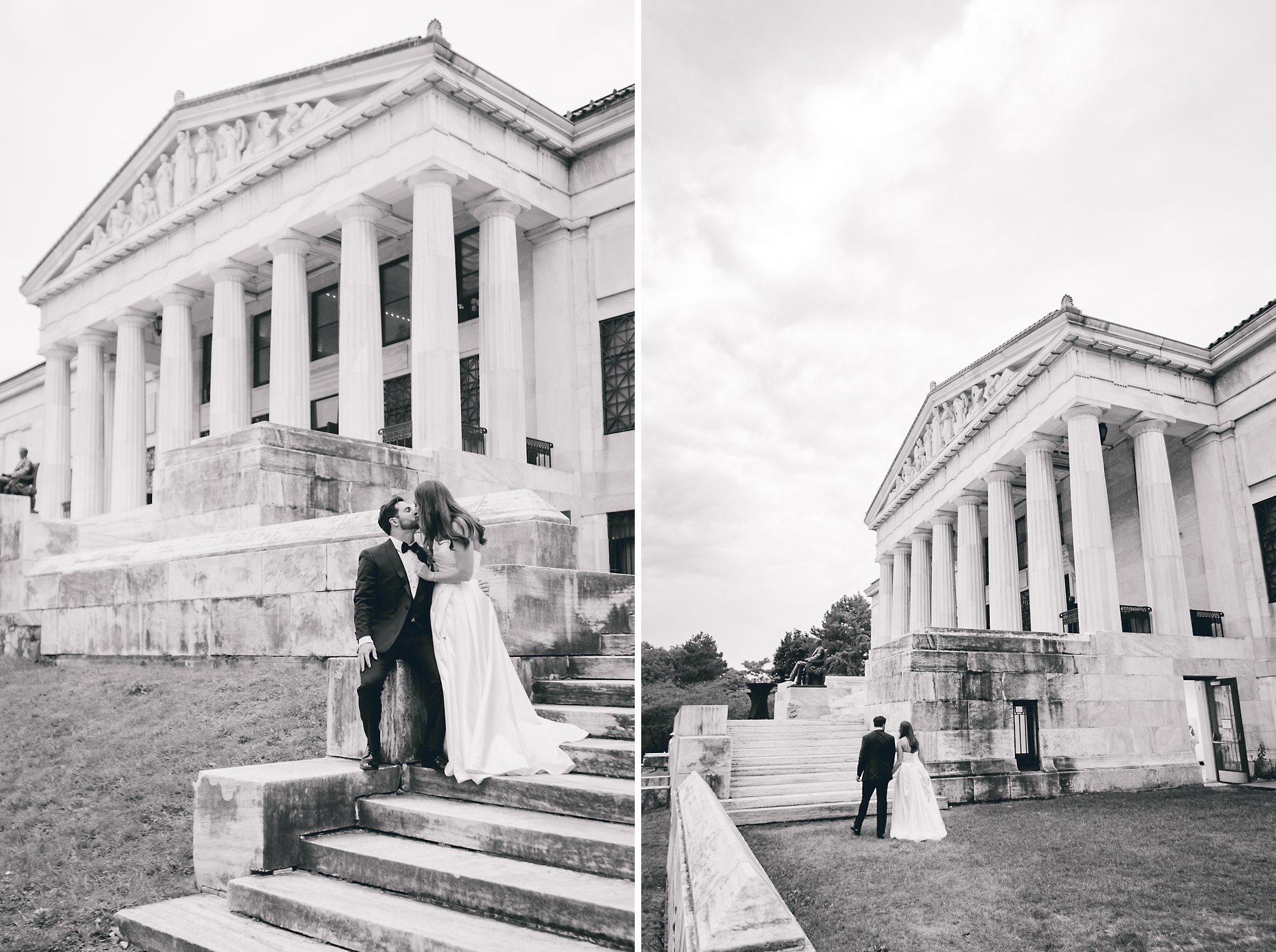 bride and groom walk to portico during wedding reception at the Buffalo History Museum