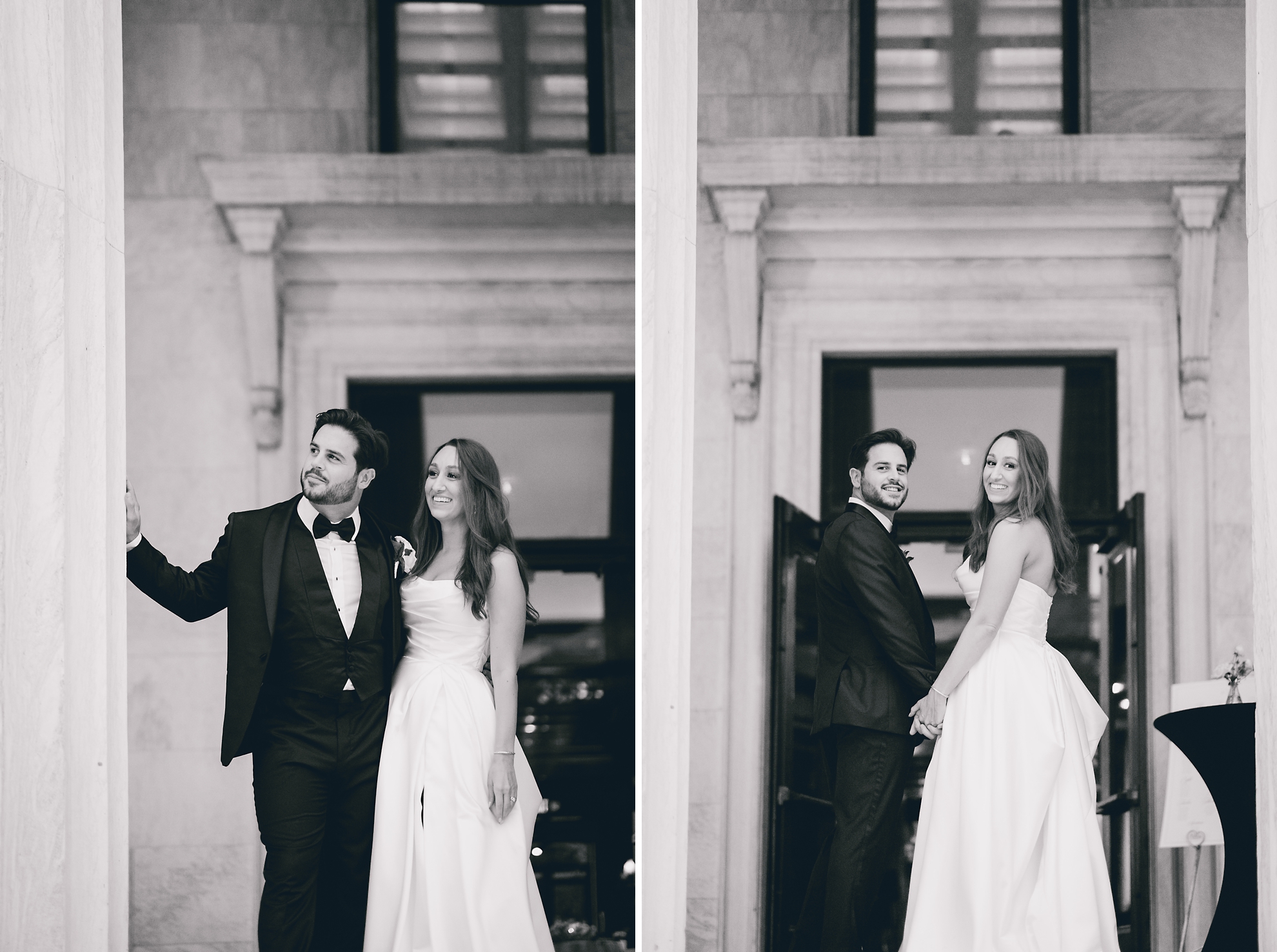 bride and groom look out from portico during wedding reception at the Buffalo History Museum