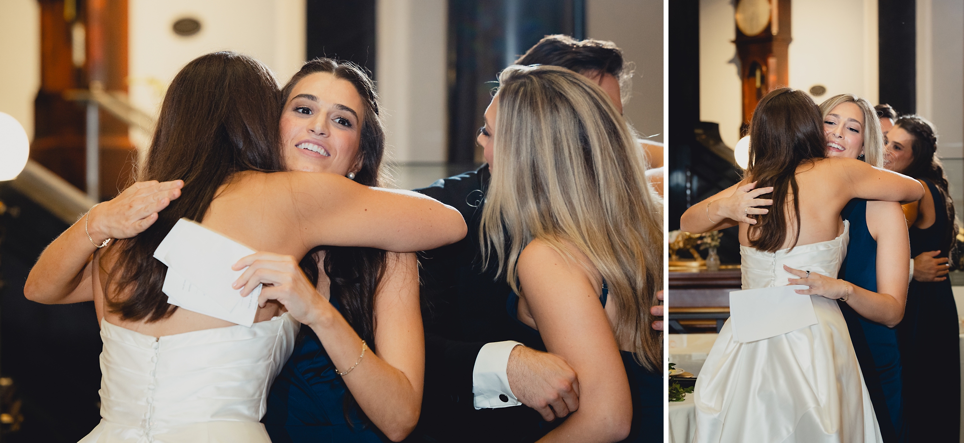 maids of honor hug bride after speech during wedding reception at the Buffalo History Museum